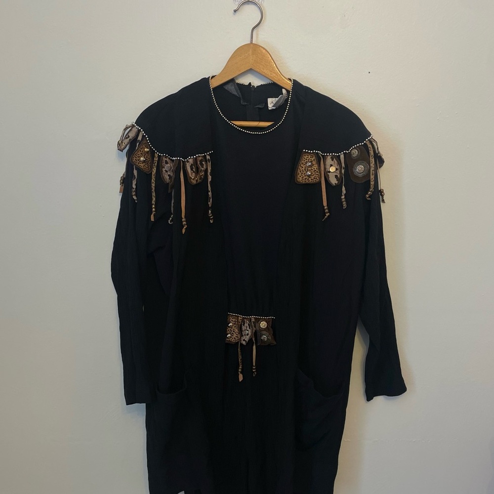 Vintage 80’s Adolfo Black Open Front Embellished Jacket & Jumpsuit 2 Pc M 8/10